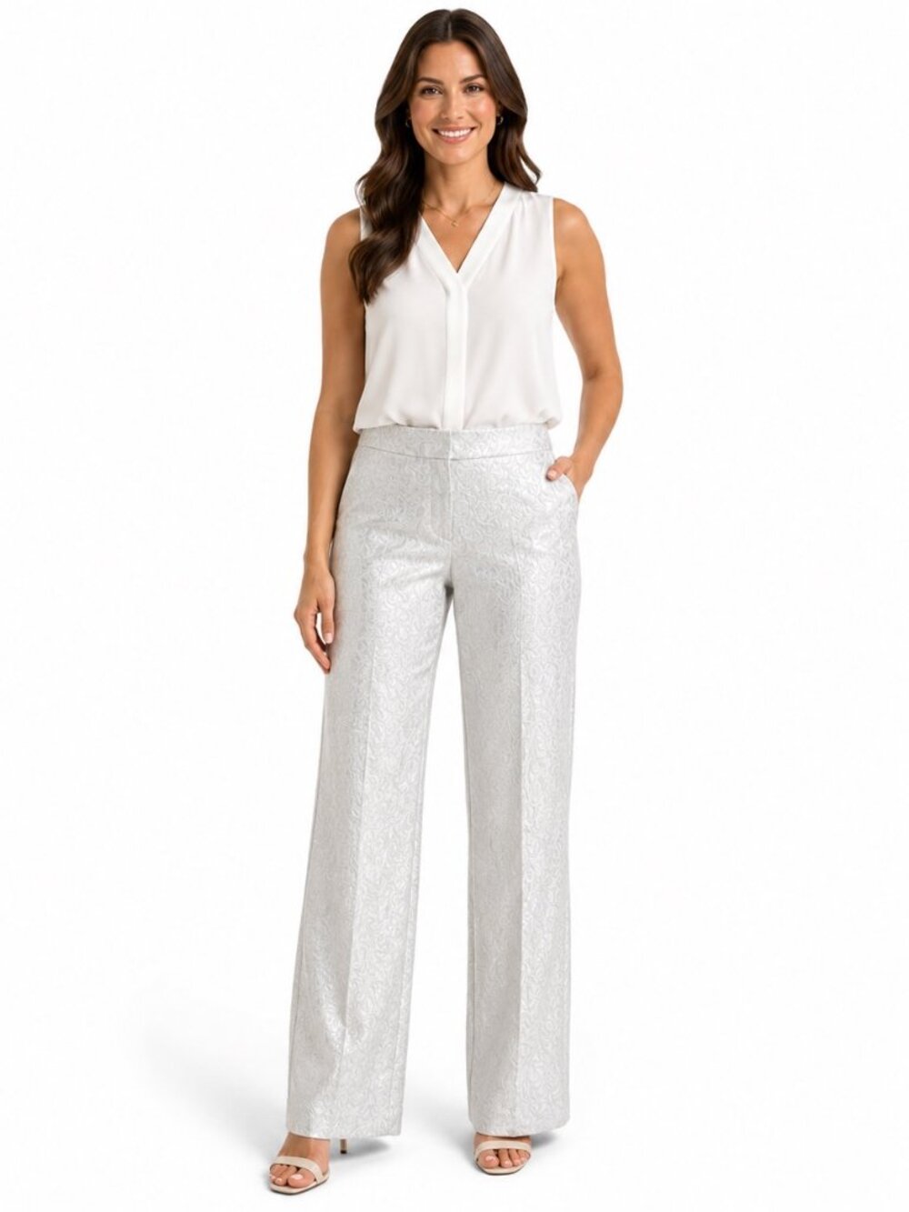 Ann Taylor Signature Women’s Size 16 White Silver Jacquard Paisley Wide Leg Pant